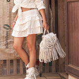 Fringed Leather Backpack Mermaid Washed Chalk