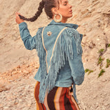 Fringed Leather Jacket River Silverstone Sky